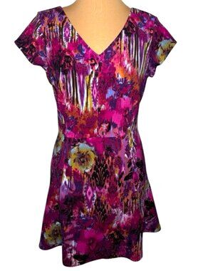 Chetta B Pink Purple Abstract Print Dress Fit Flare Cap Sleeve Size 8